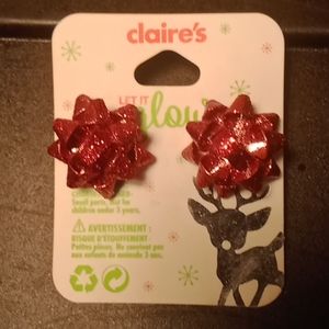 NWT "Claire's" red glitter 3D bow earrings